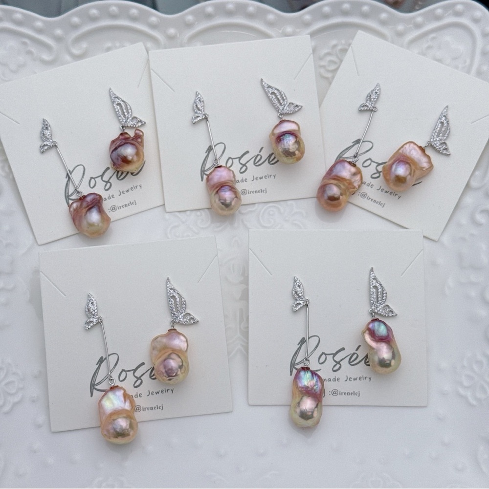 E83 S925 Freshwater Flame Ball Baroque Pearl  Earrings